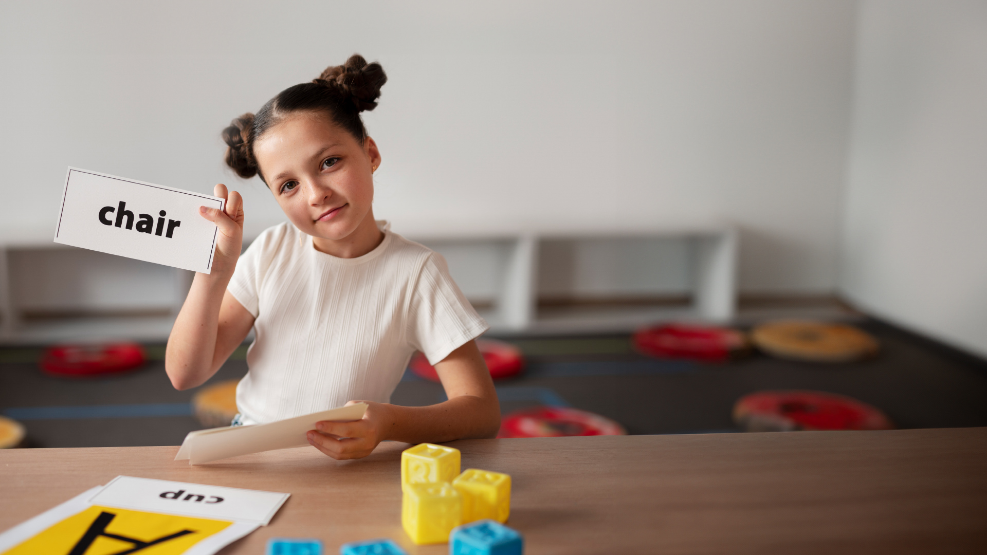 A girl sitting at a&nbsp;table holding flashcards with English words written on them.