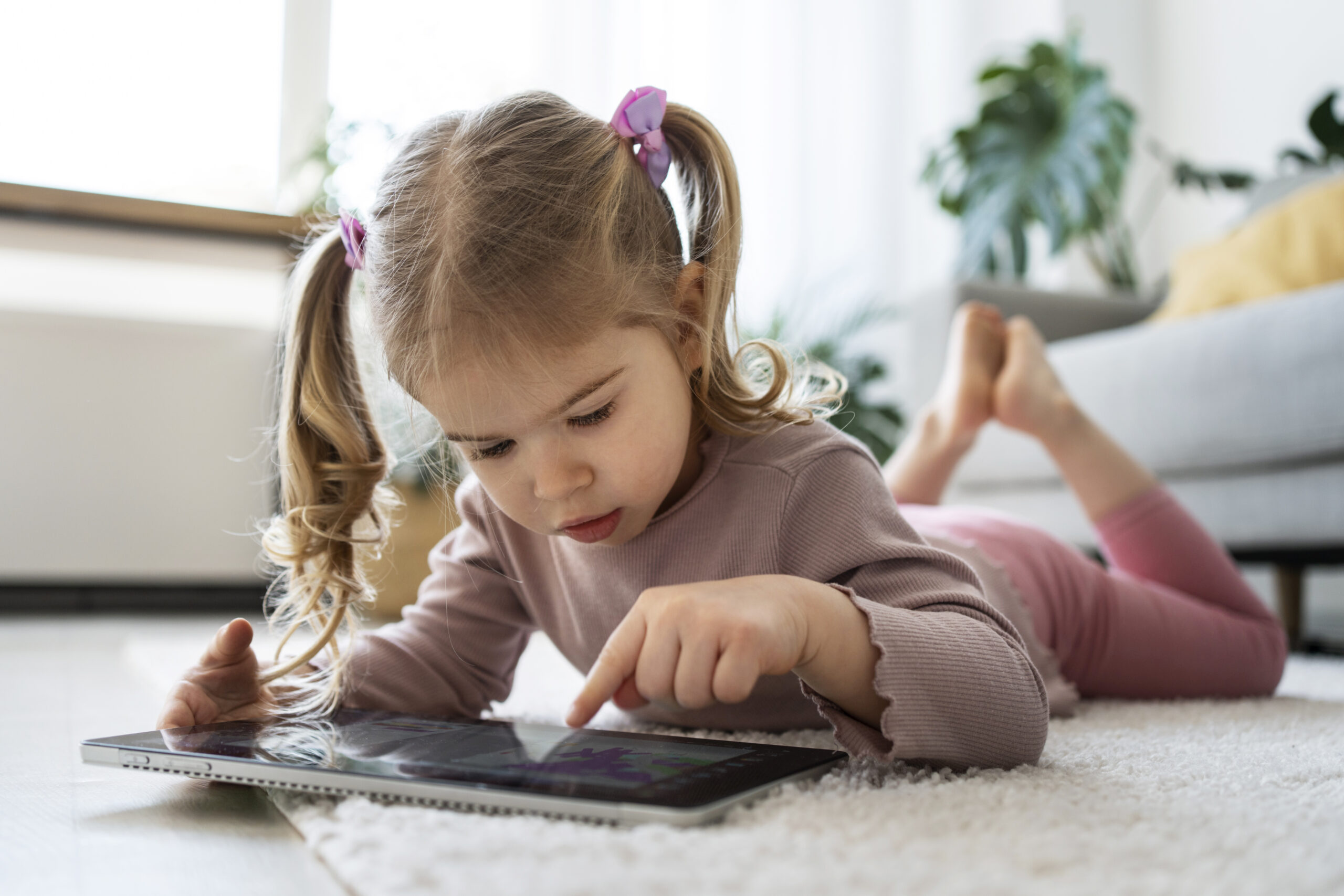 A little girl with two pigtails lying on the floor using a tablet.