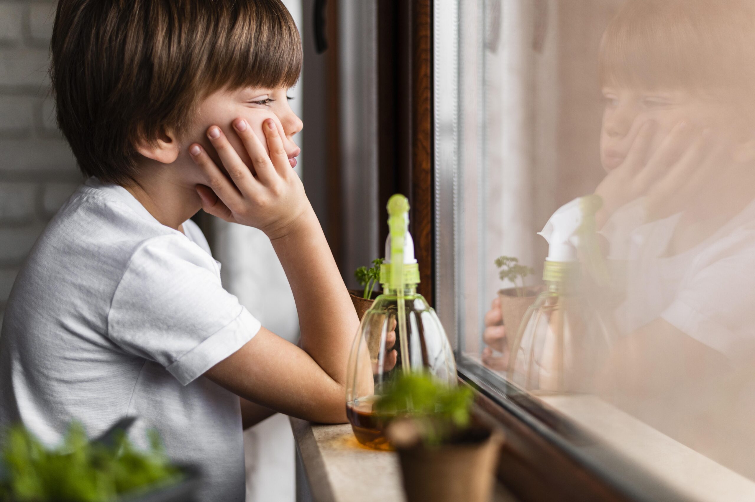A side view of a 5-year-old boy with brown hair looking bored and withdrawn through a window.